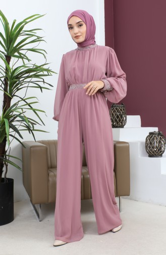 Stone Detailed Chiffon Jumpsuit Evening Dress Dusty Rose 19153 14813