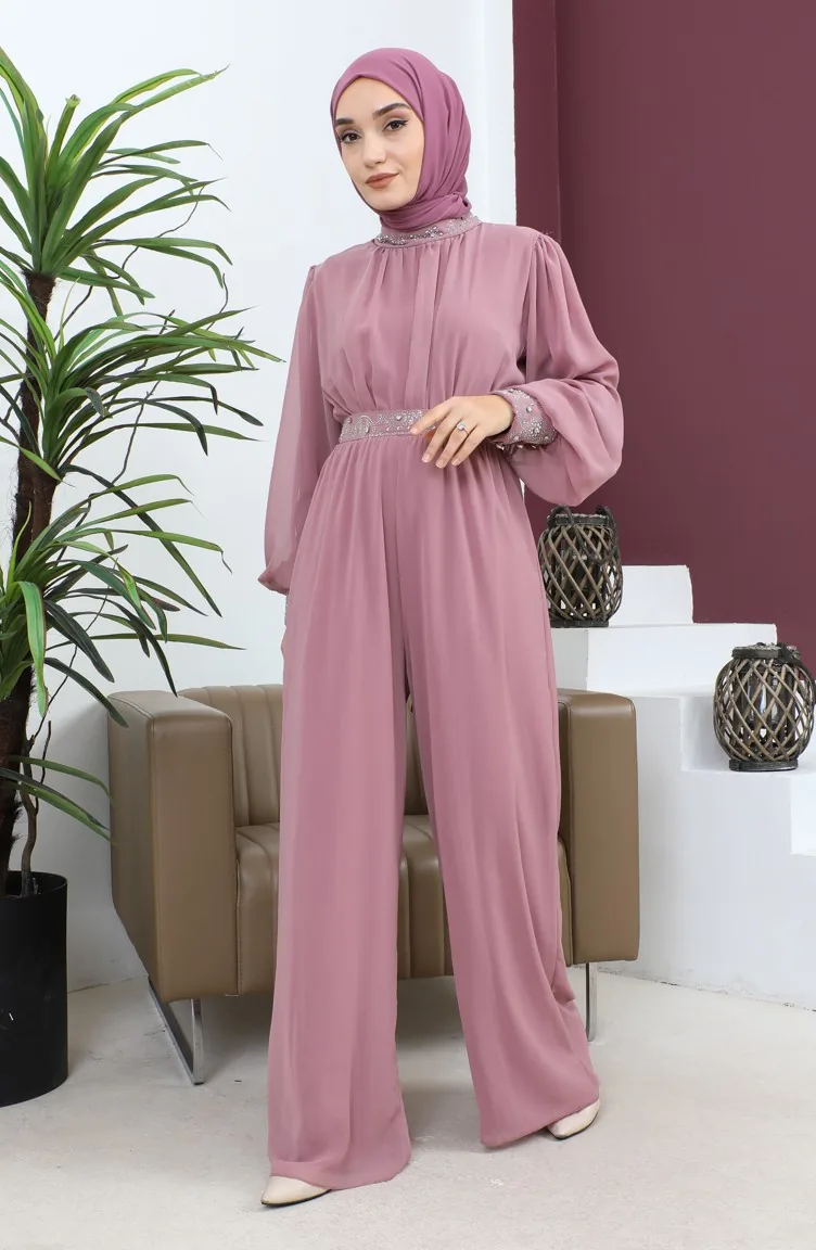 Steindetailliertes Chiffon-Jumpsuit-Abendkleid Dusty Rose 19153 14813
