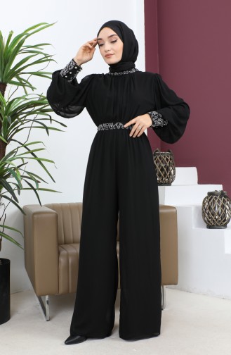 Steindetailliertes Chiffon-Jumpsuit-Abendkleid Schwarz 19153 14815