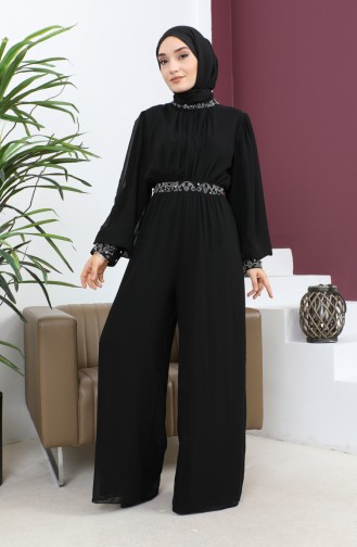 Steindetailliertes Chiffon-Jumpsuit-Abendkleid Schwarz 19153 14815