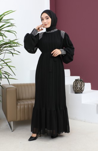فستان سهرة شيفون مطوي باللون الأسود 19154 14858
