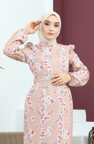 Çiçekli Kalem Elbise Vizon 12223