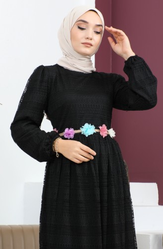 فستان زهري بحزام دانتيل أسود 10242 14629