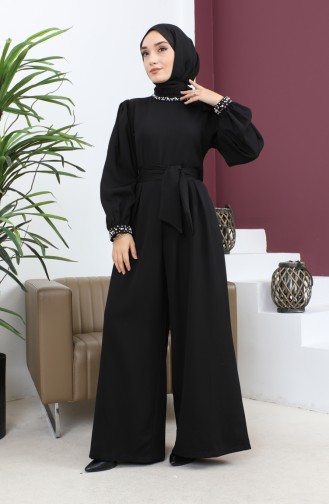 فستان جمبسوت مزين باللؤلؤ أسود 19152 14684