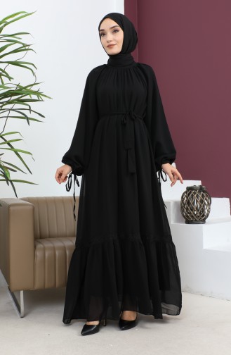 فستان شيفون مزين بالدانتيل أسود 19143 14715