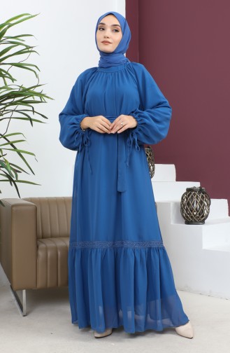 فستان شيفون مزين بالدانتيل أزرق 19143 14718
