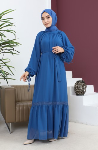 فستان شيفون مزين بالدانتيل أزرق 19143 14718