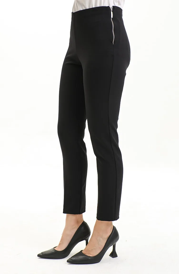 Pantalon Femme Noir à Taille Elastique Et Fermeture Éclair Latérale 9001-03 Noir 9001-03