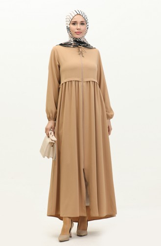 Pleated Zippered Abaya 4525-08 Milky Coffee 4525-08