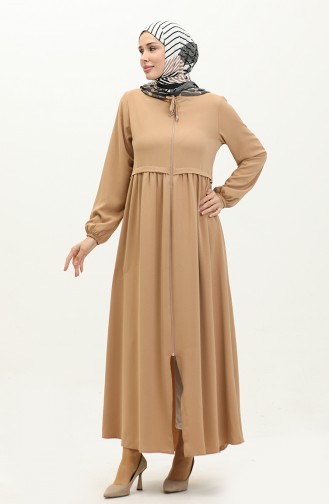 Pleated Zippered Abaya 4525-08 Milky Coffee 4525-08