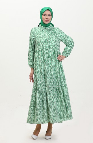 Düğmeli Elbise 1891-01 Beyaz Yeşil