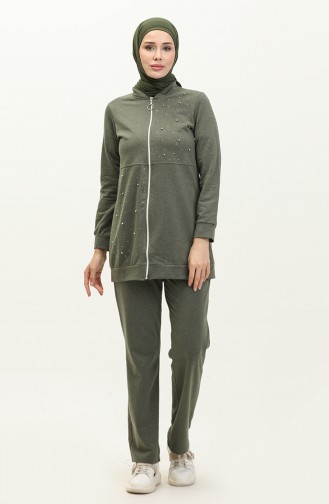 Two Thread Pearled Tracksuit Set 3038-02 Khaki 3038-02