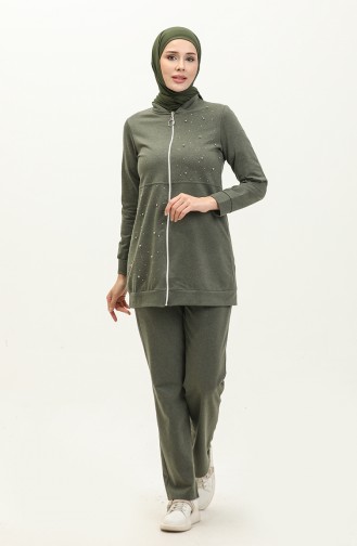 Two Thread Pearled Tracksuit Set 3038-02 Khaki 3038-02