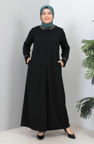 Plus Size Stone Printed Abaya 4255-01 Black 4255-01