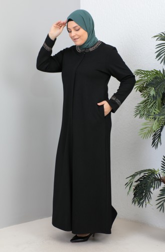 Plus Size Stone Printed Abaya 4255-01 Black 4255-01