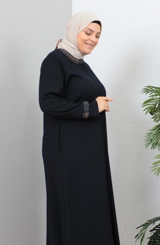 Plus Size Stone Printed Abaya 4255-02 Dark Blue 4255-02