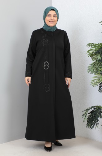 Abaya Pierre Tissu Atlas Grande Taille 4256-03 Noir 4256-03