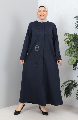 Plus Size Satin Fabric Stoned Abaya 4256-07 Dark Blue 4256-07