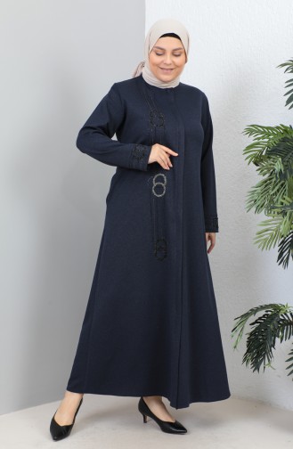 Plus Size Satin Fabric Stoned Abaya 4256-07 Dark Blue 4256-07