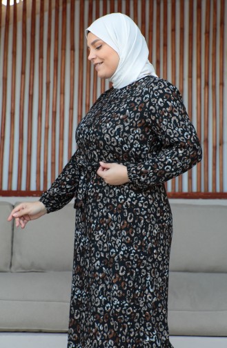 Büyük Beden Kuşaklı Elbise 4579D-02 Kahverengi