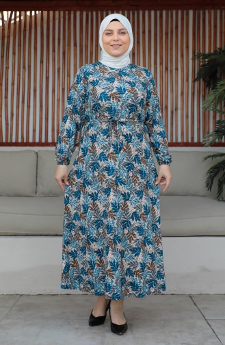 Büyük Beden Kuşaklı Elbise 4579K-01 Mavi