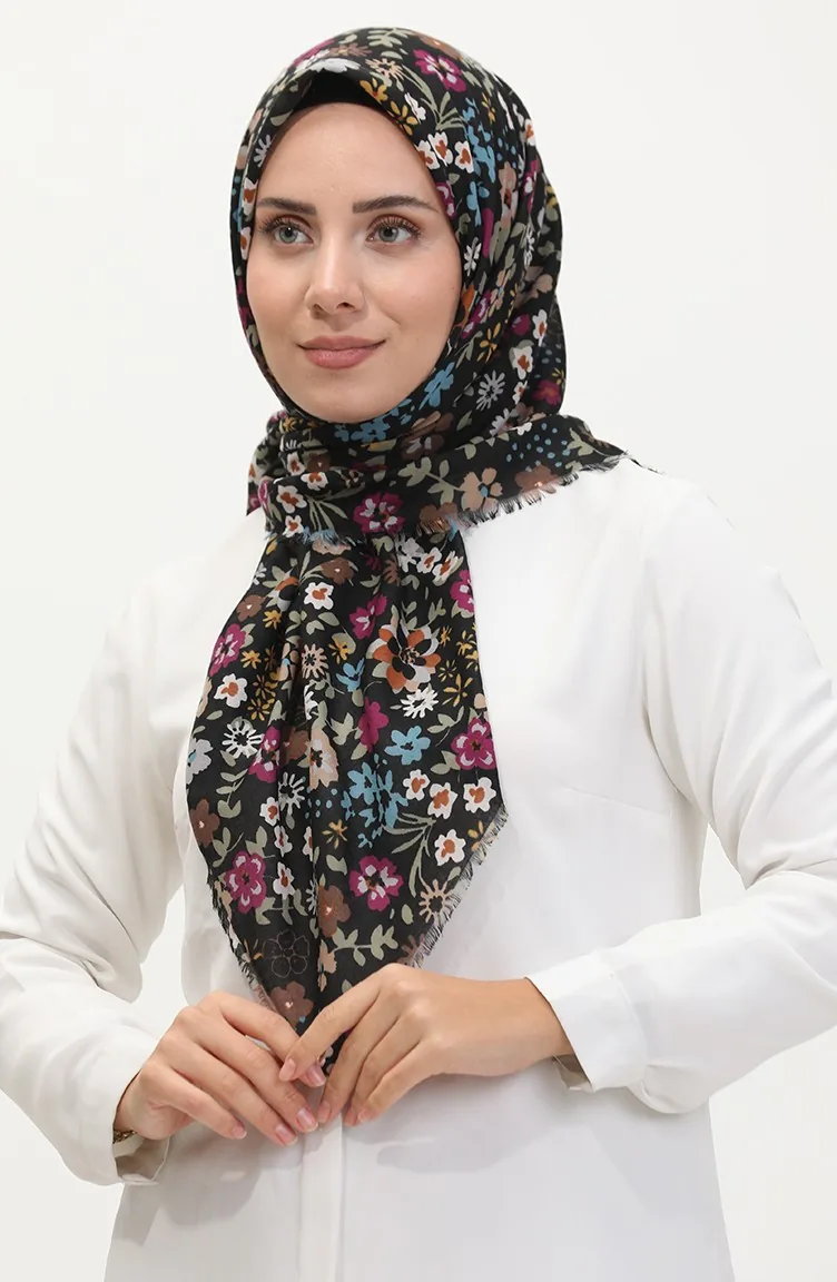 Çiçek Desenli Soft Eşarp 13238-03 Eflatun Mavi