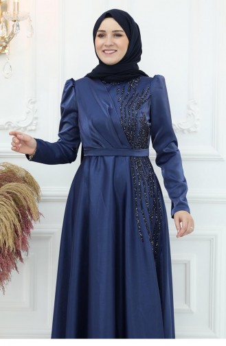 Amine Hüma Armağan Satin Abendkleid Marineblau 2987