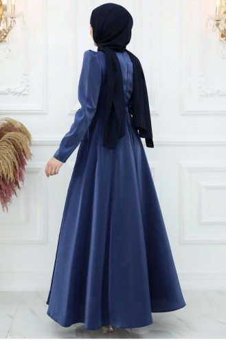 Amine Hüma Armağan Satin Evening Dress Navy Blue 2987