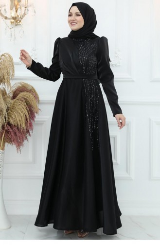 Amine Hüma Armağan Satin Evening Dress Black 2988