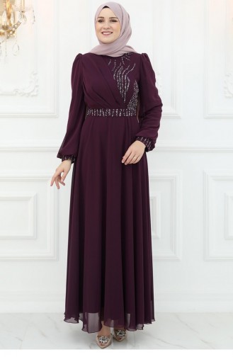 Amine Hüma Derya Chiffon Abendkleid Pflaume 3052