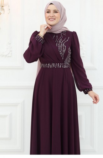 Amine Hüma Derya Chiffon Abendkleid Pflaume 3052