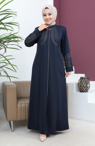 Abaya Brodée Tissu Atlas Grande Taille 4258-01 Bleu Marine 4258-01