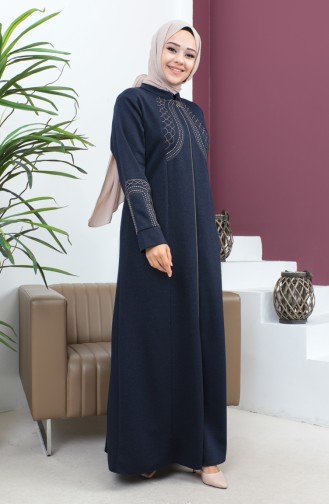Plus Size Satin Fabric Embroidered Abaya 4258-01 Dark Blue 4258-01
