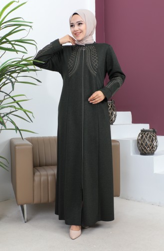 Plus Size Satin Fabric Embroidered Abaya 4258-04 Khaki 4258-04