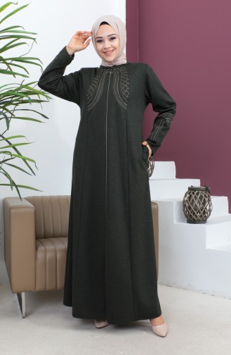 Plus Size Satin Fabric Embroidered Abaya 4258-04 Khaki 4258-04