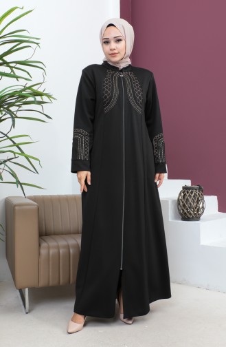 Plus Size Atlas Fabric Embroidered Abaya 4258-06 Black 4258-06