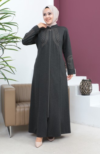 Plus Size Satin Fabric Embroidered Abaya 4258-07 Anthracite 4258-07