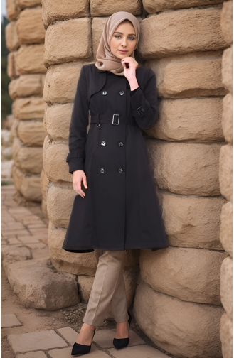 Vivezza Trenchcoat Met Dubbele Rij Knopen Voorkant En Achterkant Cape Gevoerd 6713-01 Zwart 6713-01