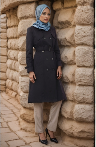 Vivezza Trenchcoat Met Dubbele Rij Knopen Voorkant En Achterkant Cape Gevoerd 6713-01 Zwart 6713-01