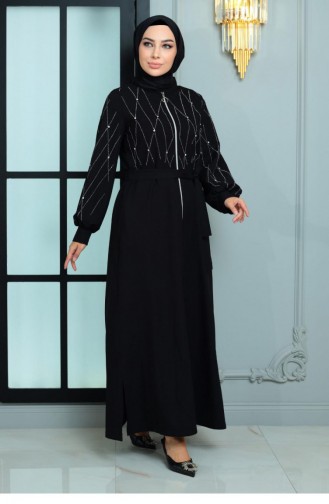 Steen Gedetailleerde Abaya Zwart 19161 14990