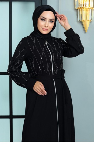 Steen Gedetailleerde Abaya Zwart 19161 14990