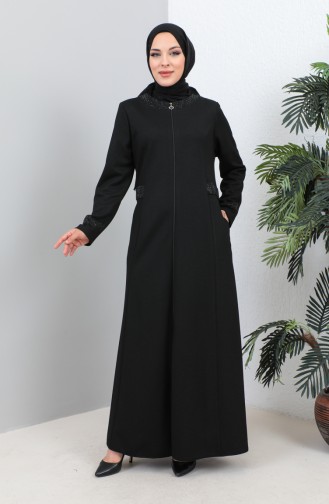Plus Size Stoned Abaya with Pocket 4260-02 Black 4260-02