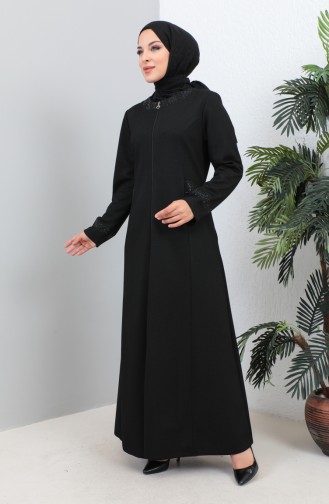 Plus Size Stoned Abaya with Pocket 4260-02 Black 4260-02