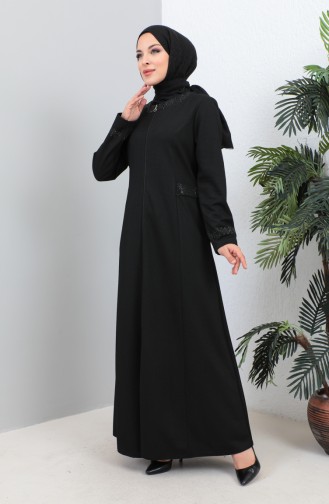 Plus Size Stoned Abaya with Pocket 4260-02 Black 4260-02