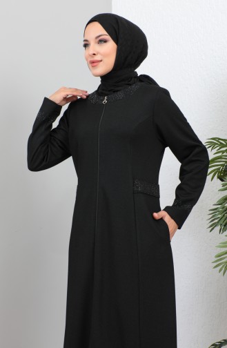 Plus Size Stoned Abaya with Pocket 4260-02 Black 4260-02