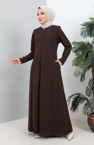 Plus Size Stoned Abaya with Pocket 4260-04 Brown 4260-04