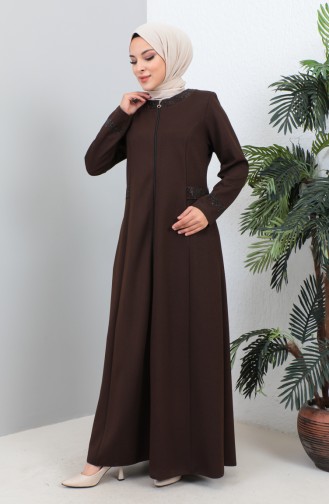 Plus Size Stoned Abaya with Pocket 4260-04 Brown 4260-04