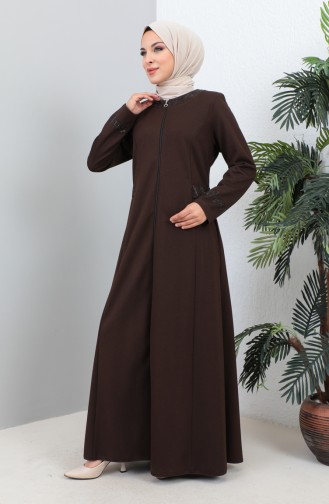 Plus Size Stoned Abaya with Pocket 4260-04 Brown 4260-04
