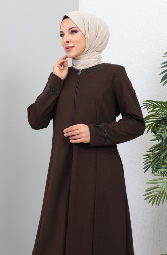 Plus Size Stoned Abaya with Pocket 4260-04 Brown 4260-04