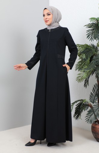 Abaya Avec Poche Stoned Grande Taille 4260-06 Bleu Marine 4260-06